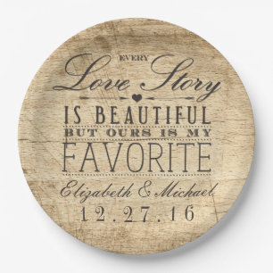 Beautiful Love Story Rustic Barn Wood Wedding Paper Plate