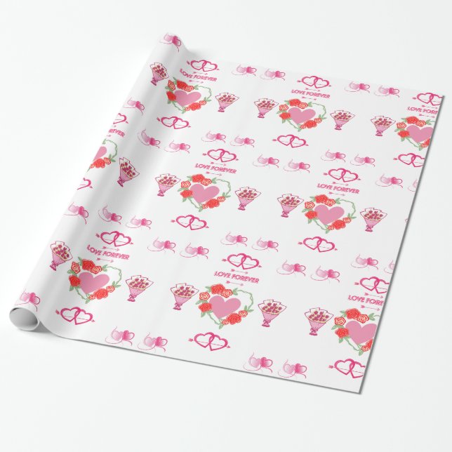Beautiful Love Themed Hearts and Roses Wrapping Paper (Unrolled)