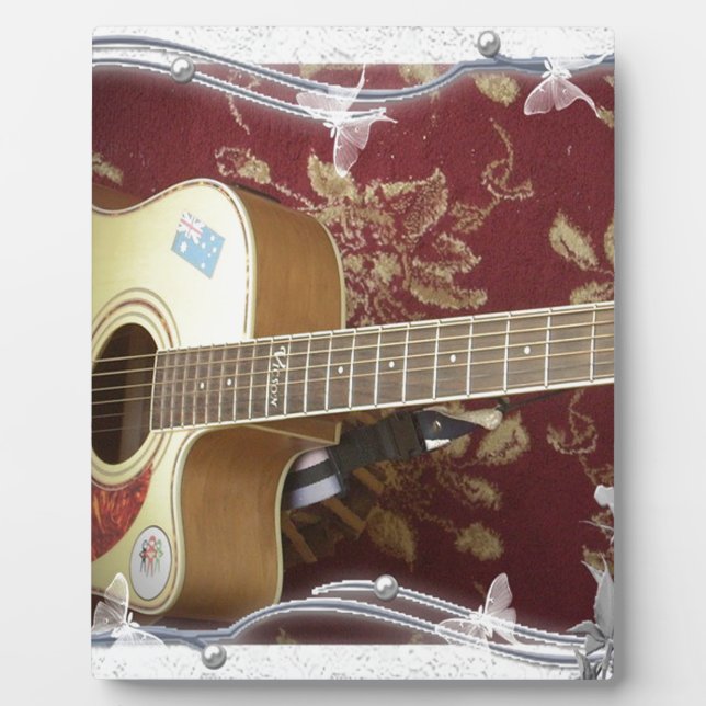 Beautiful Lovely Vintage Guitar on African Motif Plaque (Front)