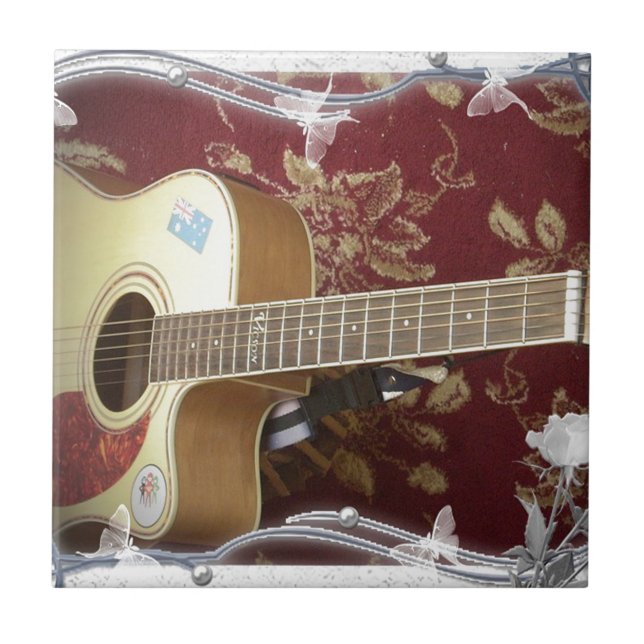 Beautiful Lovely Vintage Guitar on African Motif Tile (Front)
