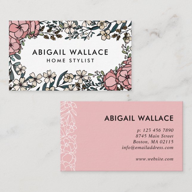 Beautiful Lush Pink Floral Greenery Frame  Business Card (Front/Back)