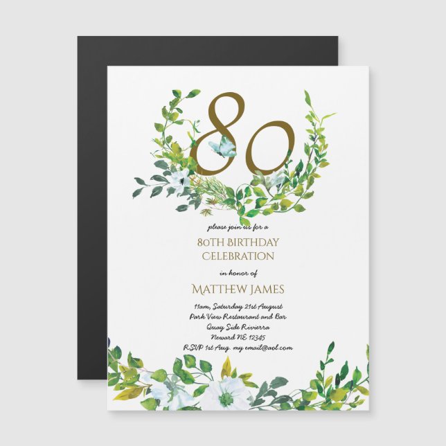 Beautiful Magnetic 80th Birthday Invitations Leafy (Front/Back)