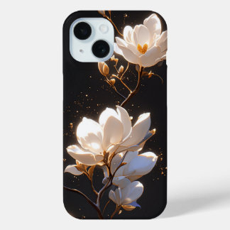 Beautiful Magnolia Flowers On Black Background iPhone 15 Case