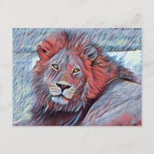 Beautiful Majestic Lion Watercolor in Blue and Red Postcard