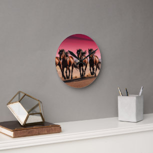 Beautiful Majestic Wild Horses Running in Twilight Round Clock