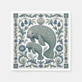 Beautiful Manatee Mum And Baby Vintage Ornate  Napkin