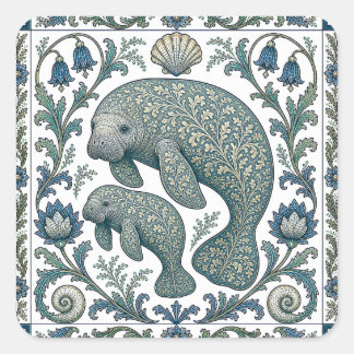 Beautiful Manatee Mum And Baby Vintage Ornate  Square Sticker