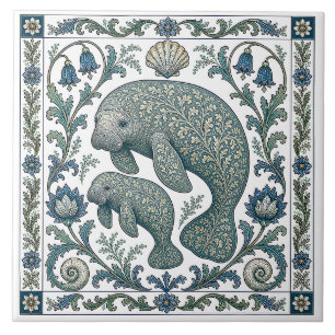 Beautiful Manatee Mum And Baby Vintage Ornate Tile
