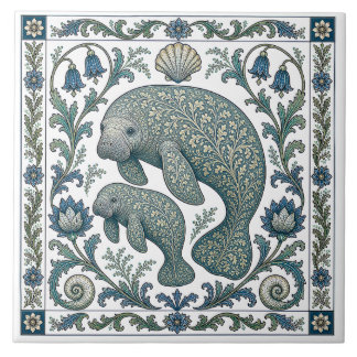 Beautiful Manatee Mum And Baby Vintage Ornate  Tile