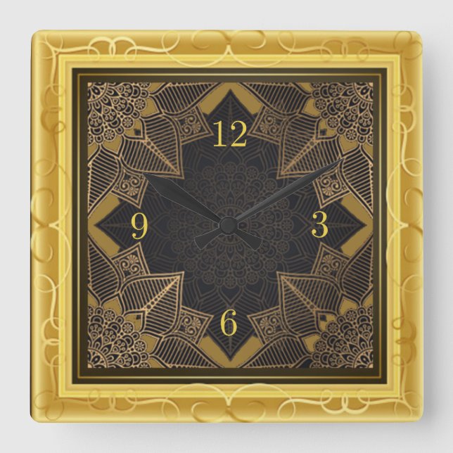 Beautiful mandala gold square wall clock (Front)
