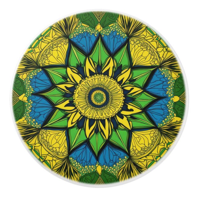 Beautiful Mandala, green, blue, yellow Ceramic Knob (Front)