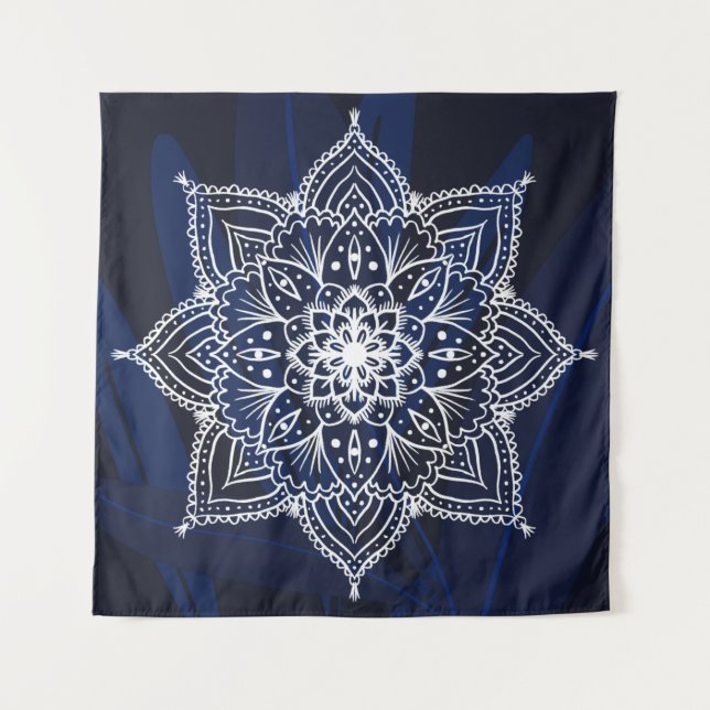 Beautiful Mandala on navy background Tapestry (Front)