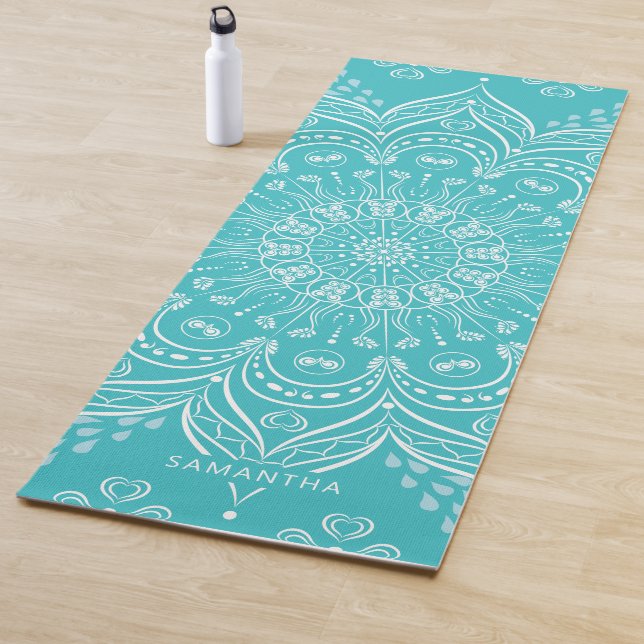 Beautiful Mandala Personalised Teal Blue Boho Yoga Mat (In Situ)
