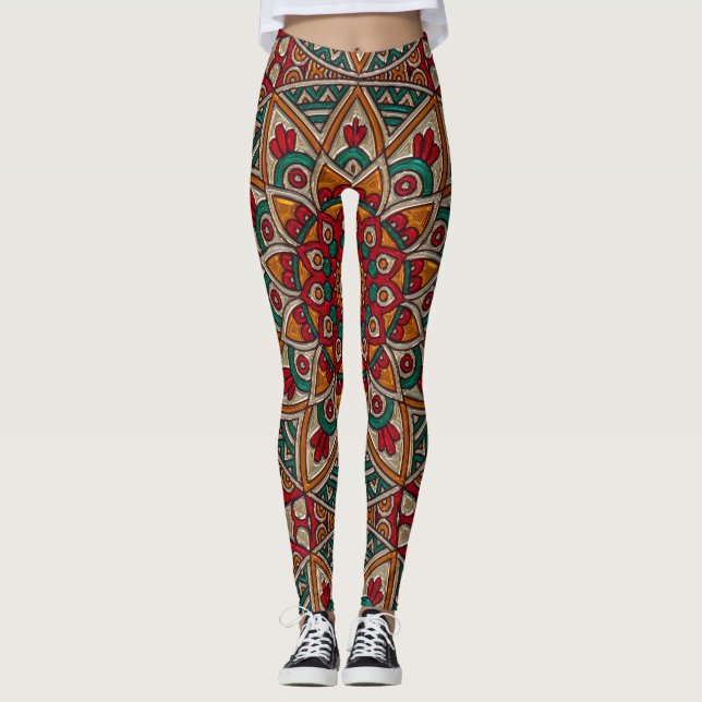 Beautiful Mandala Red, Teal, Orange Legging (Front)