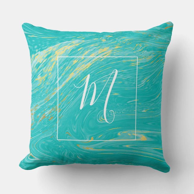 Beautiful Marble Gold Blue Elegant monogram Cushion (Front)
