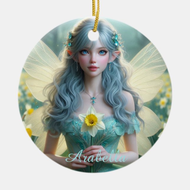Beautiful March Fairy in Daffodils Ceramic Tree Decoration (Front)