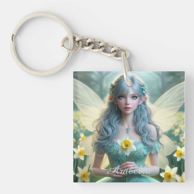 Beautiful March Fairy in Daffodils Key Ring (Front)