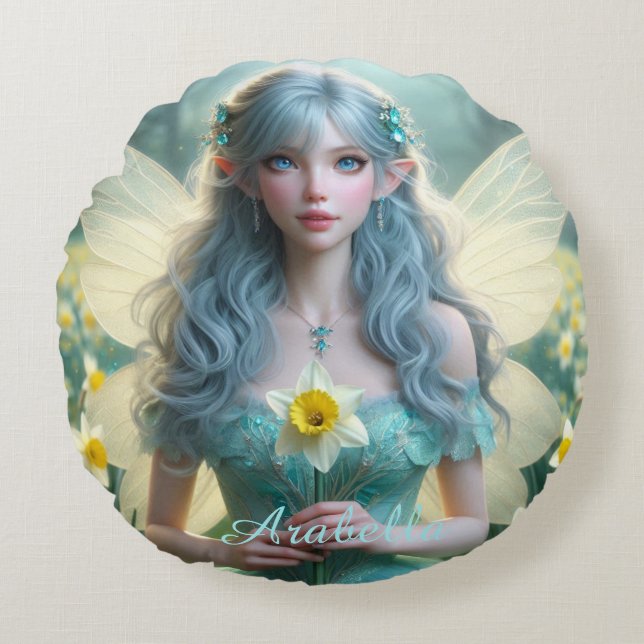 Beautiful March Fairy in Daffodils Round Cushion (Front)