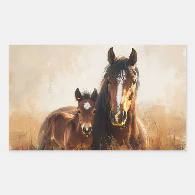 Beautiful Mare and Foal Painting Rectangular Sticker (Front)