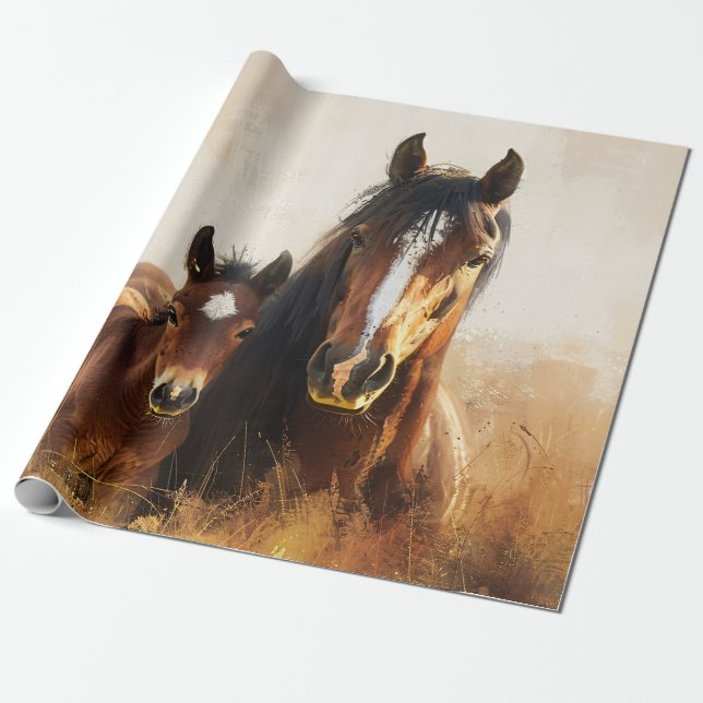 Beautiful Mare and Foal Painting Wrapping Paper (Unrolled)