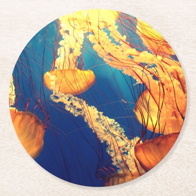 Beautiful Marine Life: Golden Jellyfish Round Paper Coaster (Front)