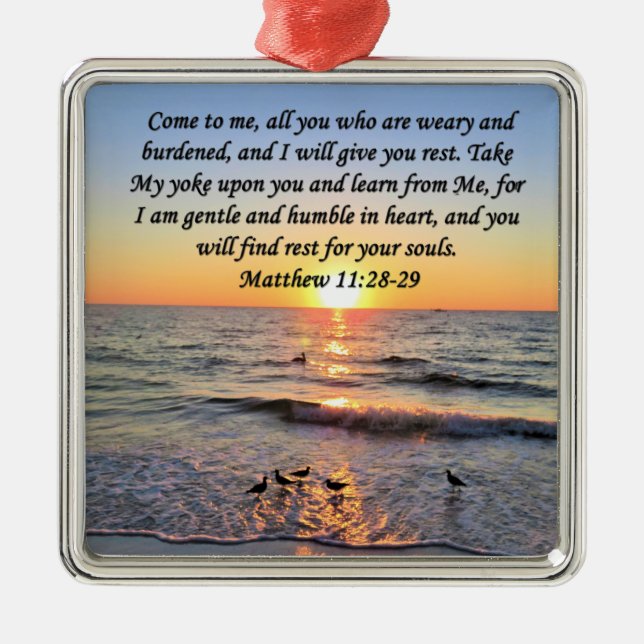 BEAUTIFUL MATTHEW 11:28 SUNRISE PHOTO DESIGN METAL TREE DECORATION (Front)
