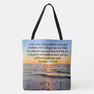 BEAUTIFUL MATTHEW 11:28 SUNRISE PHOTO DESIGN TOTE BAG