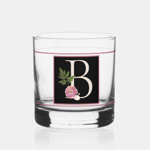 Beautiful Mauve Floral Decorated Black Monogram B Whiskey Glass