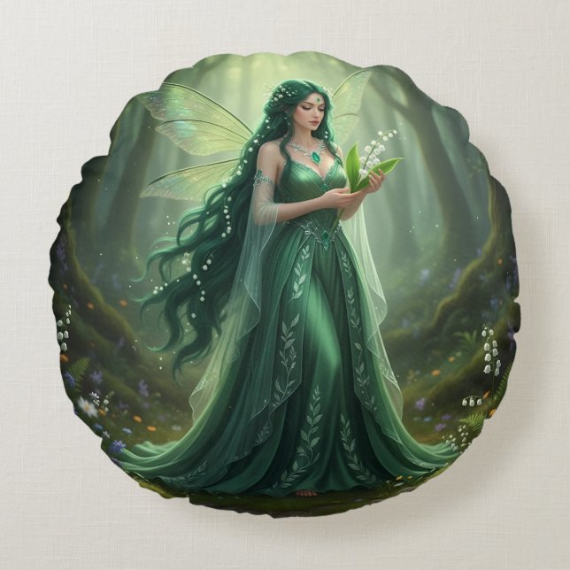 Beautiful May Emerald Fairy Round Cushion (Front)