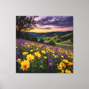 Beautiful Meadow with Vibrant Flowers at Sunrise Canvas Print