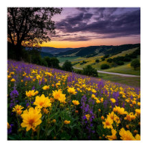 Beautiful Meadow with Vibrant Flowers at Sunrise