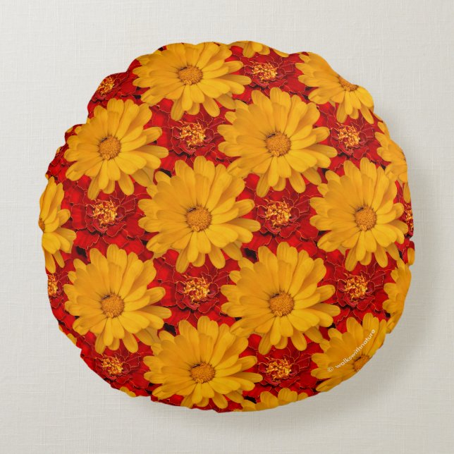 Beautiful Medley of Red Yellow Marigold Flowers Round Cushion (Front)