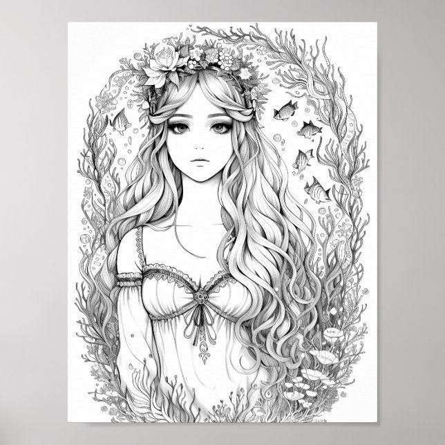 Beautiful Mermaid Adult Colouring Poster (Front)
