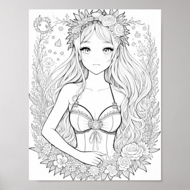 Beautiful Mermaid Adult Colouring Poster (Front)