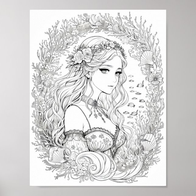 Beautiful Mermaid Adult Colouring Poster (Front)