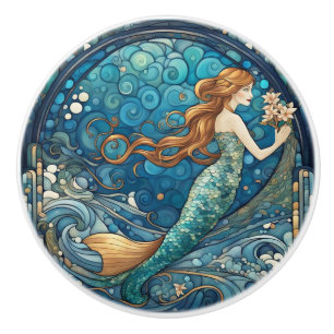 Beautiful Mermaid Art Nouveau Art Deco Style Blue Ceramic Knob
