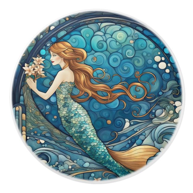 Beautiful Mermaid Art Nouveau Art Deco Style Blue Ceramic Knob (Front)