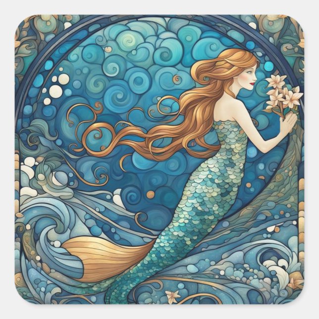 Beautiful Mermaid Art Nouveau Art Deco Style Blue Square Sticker (Front)