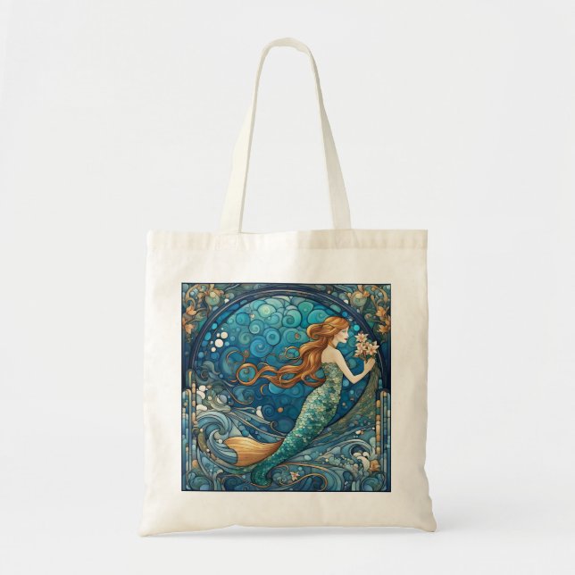 Beautiful Mermaid Art Nouveau Art Deco Style Blue Tote Bag (Front)