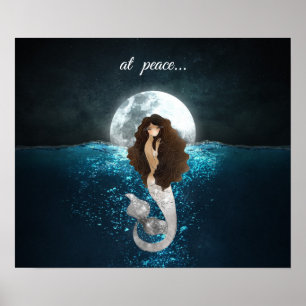 Beautiful Mermaid At Peace Under the Full Moon Poster