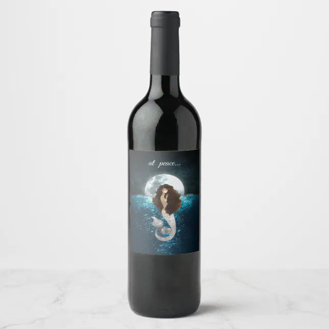 Beautiful Mermaid At Peace Under the Full Moon Wine Label | Zazzle