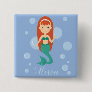 Beautiful mermaid cartoon girl custom name text 15 cm square badge