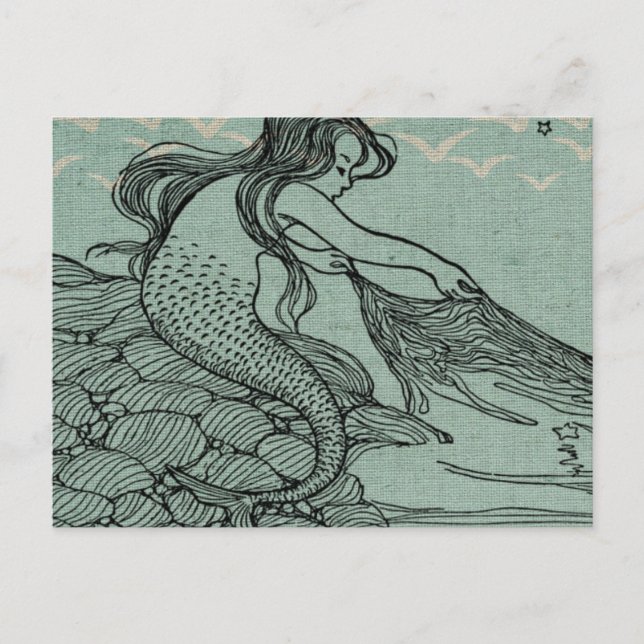 Beautiful Mermaid Drawing On Blue Sea Shore Postcard (Front)
