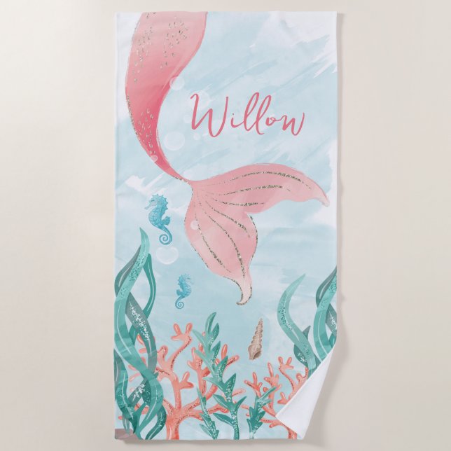 Beautiful Mermaid Girl Birthday Beach Towel Favour (Front)