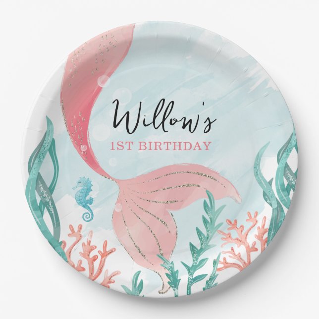 Beautiful Mermaid Girl Birthday Round Paper Plates (Front)