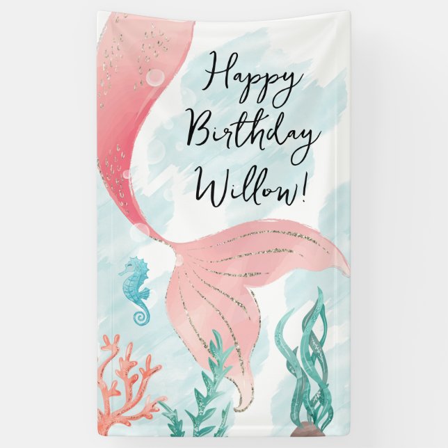 Beautiful Mermaid Girl Birthday Vinyl Banner (Vertical)