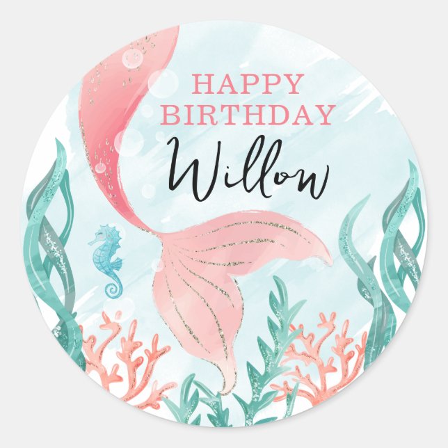 Beautiful Mermaid Girl Happy Birthday Sticker (Front)