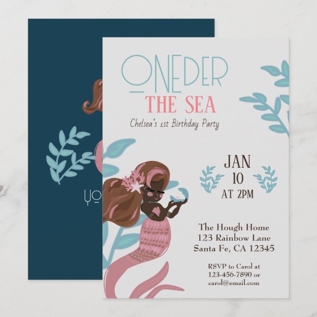 Beautiful Mermaid Girls First Birthday  Invitation (Front/Back)