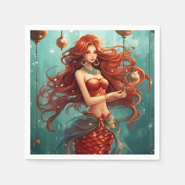 Beautiful Mermaid Happy Holidays Christmas Napkin (Front)