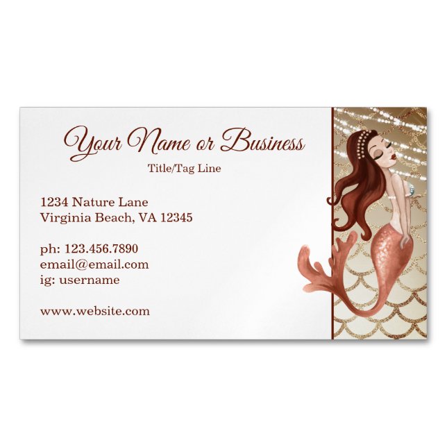 Beautiful Mermaid in Rose Gold Beach Magnetic Business Card (Front)